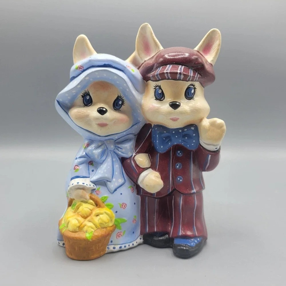 Vintage Ceramic Bunny Couple Figurine Victorian Clothing Shelf Decor